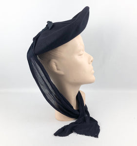 1940s Midnight Blue American Made Felt Hat with Jersey Scarf