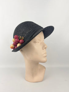 Original 1930s Black Straw Cloche Hat with Charming Cherry Trim