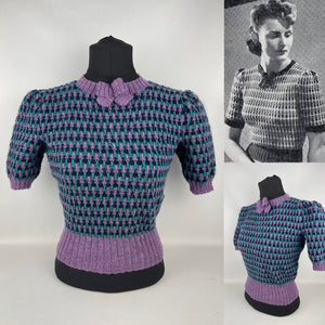Reproduction 1940's Waffle Stripe Jumper in Purple, Teal and Navy Knitted from a Wartime Pattern - B 36 38 40