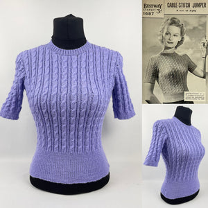 Reproduction 1940s Rib and Cable Knit Jumper in Lavender Acrylic - Bust 33 34