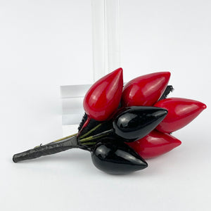 Vintage 1940's Black and Red Lacquered Brooch with Fabric Leaves