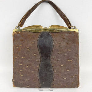 Wounded Original 1940's Brown Ostrich Leather Handbag