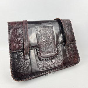 Original 1930's 1940's Beautiful Embossed Brown Leather Handbag