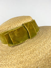 Load image into Gallery viewer, Original 1940s Wide Brimmed Straw Hat with Green Velvet Bow Trim
