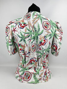 1940s Reproduction Novelty Print Blouse with Buildings and Palm Trees - B34 35 36