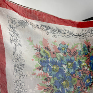 Original 1950's Fine Sheer Silk Scarf with Fabulous Floral Print and Red Border