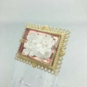 Original French 1950s Reverse Carved Lucite Brooch in a Celluloid Frame with White Flowers *