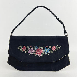 Original 1940's or 1950's Black Fabric Bag with Embroidered Roses and Flowers