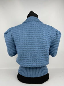 Reproduction 1940s Hand Knitted Jumper in Soft Blue with Smart Collar - Bust 38"