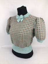 Load image into Gallery viewer, Reproduction 1940s Waffle Stripe Jumper Knitted from a Wartime Pattern in Duck Egg and Mocha - B 37 38 39 40 41
