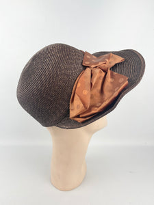 Original 1930s Brown Straw Cloche Hat with Rust Coloured Polka Dot Ribbon Trim and Metal Feather Trim