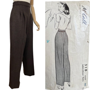 1940's Reproduction Trousers in Dark Brown Thick Wool - Perfect for Winter - Waist 25 25.5