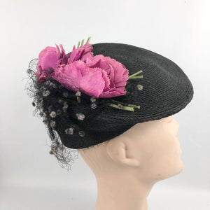 Original 1940's Black Fine Sisal Hat with Wonderful Pink Flower and Flocked Net Trim