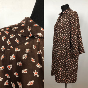 1940s Make Do and Mend Smock in Brown Floral - Bust 36 38