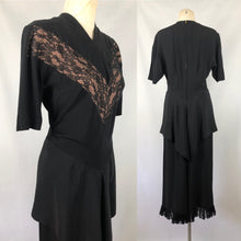 Load image into Gallery viewer, 1940s Black Dress with Lace Overlay and Fishtail Peplum -B38
