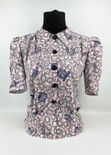 Load image into Gallery viewer, 1940&#39;s Reproduction Novelty Print Blouse with Clocks and Clock Hands Made From an Original 1940&#39;s Feed Sack - B34 35
