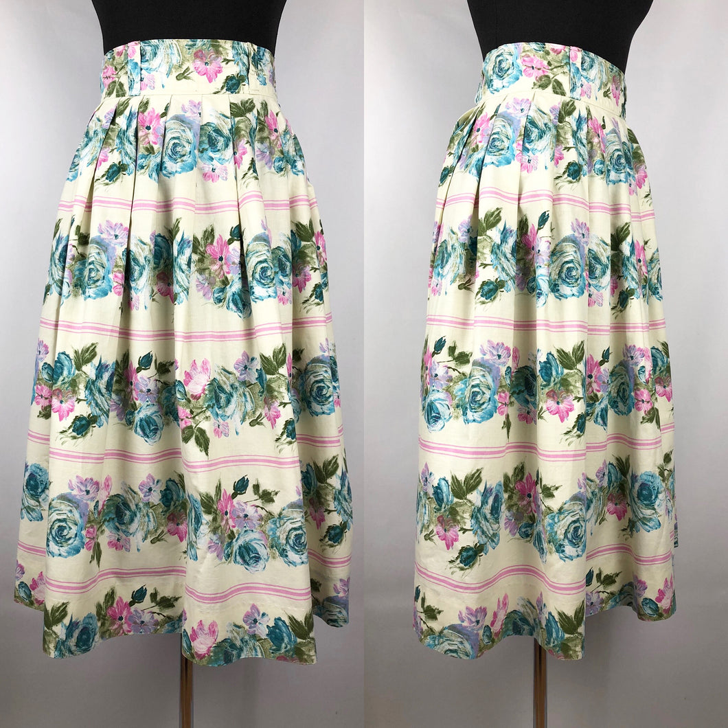 Original 1950s Yellow and Blue Cotton Skirt with Bold Roses Print - Waist 26