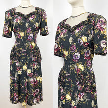 Load image into Gallery viewer, Original 1940s Black Floral Dress with Sweetheart Net Covered Neckline - Bust 36 38
