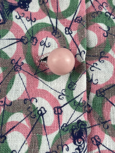1940's Reproduction Novelty Print Blouse with Clocks and Clock Hands with Spherical Pink Buttons Made From an Original 1940's Feed Sack - Bust 34"