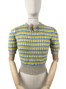 Reproduction 1940's Waffle Stripe Jumper in Parchment, Cascade, White and Mustard Knitted from a Wartime Pattern - Bust 36 38 40