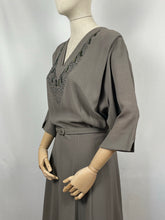 Load image into Gallery viewer, Original 1940s Crepe Dress with Beaded Bodice and Original Belt - Bust 48
