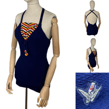 Load image into Gallery viewer, Original 1930&#39;s Blue, Red, Yellow and White Knitted Swimsuit by Bukta - Vintage Swimwear - Bust 34 35

