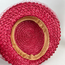 Load image into Gallery viewer, Original 1940&#39;s Stunning Pink Coarse Straw Hat with Grosgrain Trim and Face Veil
