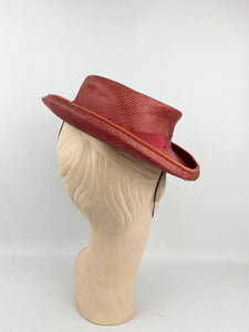 Original 1940s Rusty Red Summer Straw Hat with Fruit and Leaves Trim