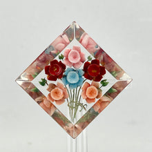 Load image into Gallery viewer, Original 1940s 1950s Reverse Carved Diamond Shaped Lucite Brooch with Cluster of Six Flowers *
