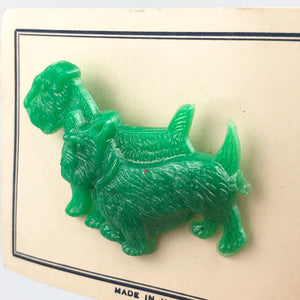 Vintage 1940s 1950s Bright Green Plastic Double Scottie Dog Brooch