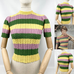 1950's Reproduction Tri-Colour Cable Hand Knitted Jumper in Pink, Yellow and Green - Bust 30 32