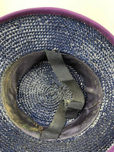 Load image into Gallery viewer, Original 1940&#39;s Indigo Blue Lacquered Straw Hat with Purple Trim and Applique Dogs
