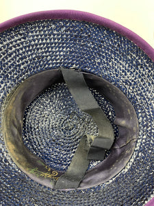 Original 1940's Indigo Blue Lacquered Straw Hat with Purple Trim and Applique Dogs