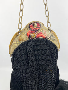 Original 1920's French Made Antique Crochet Bag with Celluloid Frame Decorated with Pierrot, Owls and Musical Instruments
