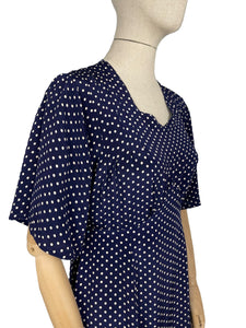 Original 1940's Volup Navy and White Polka Dot Crepe Day Dress - Bust 42 44