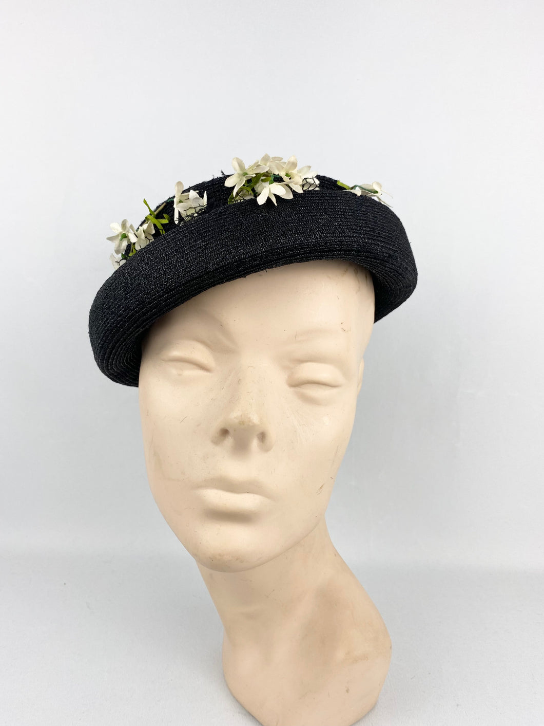 Original 1950s Black Straw Hat with White Floral Trim