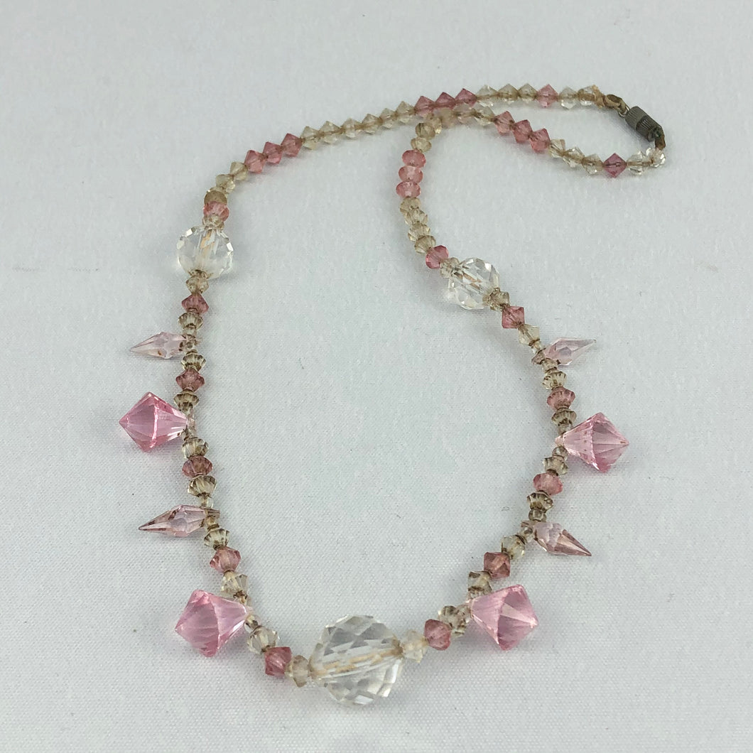 Original 1940s 1950s Pink and Clear Faceted Glass Graduated Bead Necklace