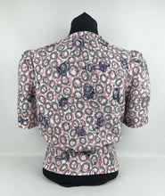 Load image into Gallery viewer, 1940&#39;s Reproduction Novelty Print Blouse with Clocks and Clock Hands with Spherical Pink Buttons Made From an Original 1940&#39;s Feed Sack - Bust 34&quot;
