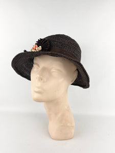 Original Late 1920's or Early 1930's Dark Brown Straw Cloche Hat with Grosgrain Trim *
