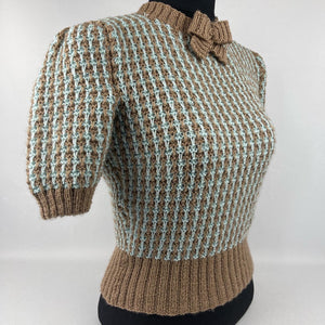 Reproduction 1940's Waffle Stripe Jumper Mocha and Duck Egg Blue Knitted from a Wartime Pattern - B 36 37 38 39 40
