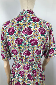 1940s Floppy Cotton Dress with Pink Roses Print - Bust 40 42
