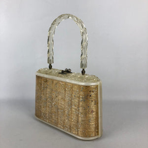 1950s Cream and Gold Star Confetti Lucite Bag with Twisted Lucite Handle