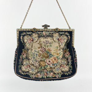 1920s 1930s Petit Point Black Floral Evening Bag with Gem Set Frame
