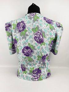 1940's Reproduction Floral Print Blouse with Large Purple Roses and Grey Buttons Made From and Original 1940's Feed Sack - Bust 34" 35"