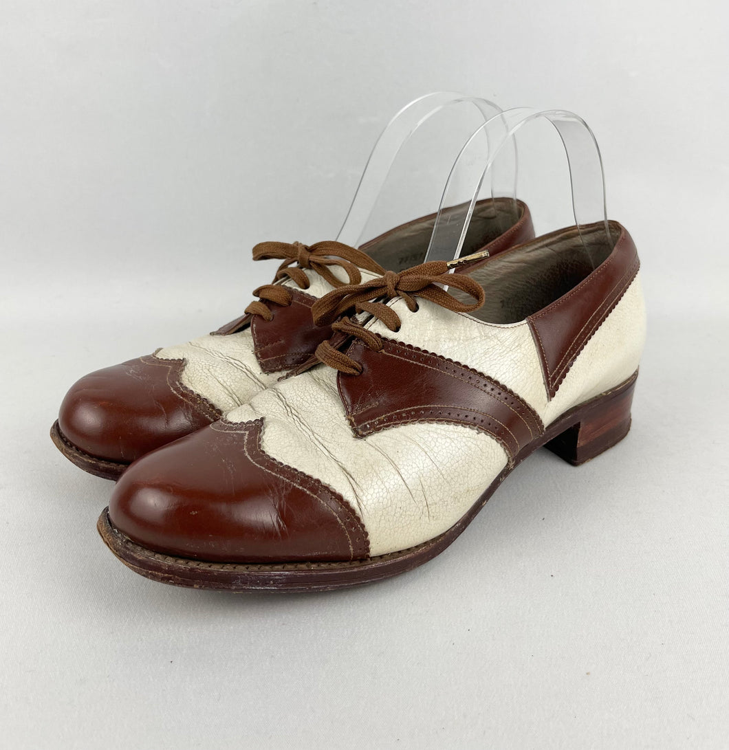 Original 1930's 1940's Two Tone Brown and Cream Leather Spectator Walking Shoes