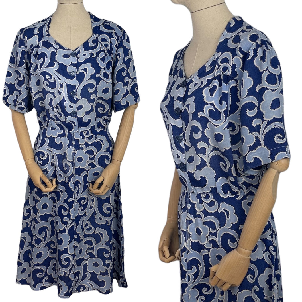 Wounded But Wearable Original 1940's Volup Two Tone Blue Summer Dress in Soft Linen - Much Loved - Bust 42 44