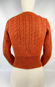 1930's Reproduction Hand Knitted Long Sleeved Cable Jumper in Rust Alpaca Wool - Bust 34 35
