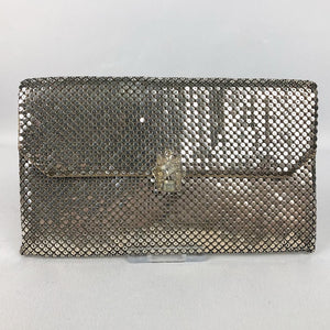 Original 1940s 1950s Whiting and Davis Clutch Purse in Silver with Clear Paste Clasp