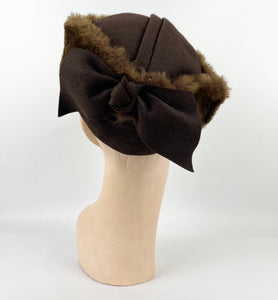 Original 1940s Chocolate Brown Felt Winter Hat Trimmed With Real Fur