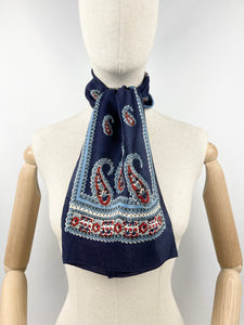 Original 1930's Silk Crepe Scarf or Headscarf in Red, White and Blue Paisley - Great Christmas Gift